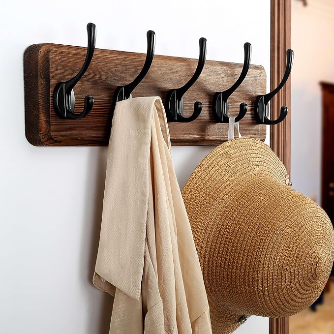 Wall Mounted Coat Rack: Patented, Heavy-Duty, 17.4" Long 5-Double-Hooks Wooden Hanger Rail for Winter Coats, Hat, Jacket, Clothing - Natural & Black