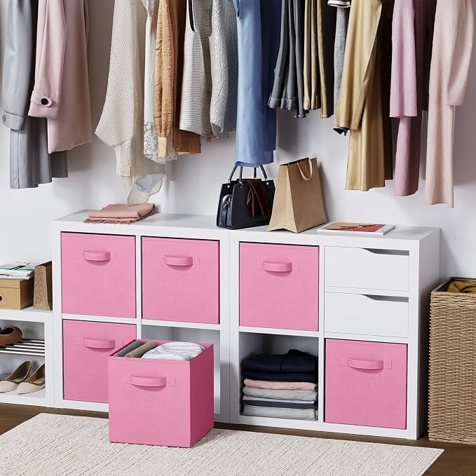 Storage Cubes - 11 Inch Cube Storage Bins (Set of 8). Fabric Cubby Organizer Baskets with Dual Handles | Foldable Closet Shelf Organization Boxes (Light Pink)
