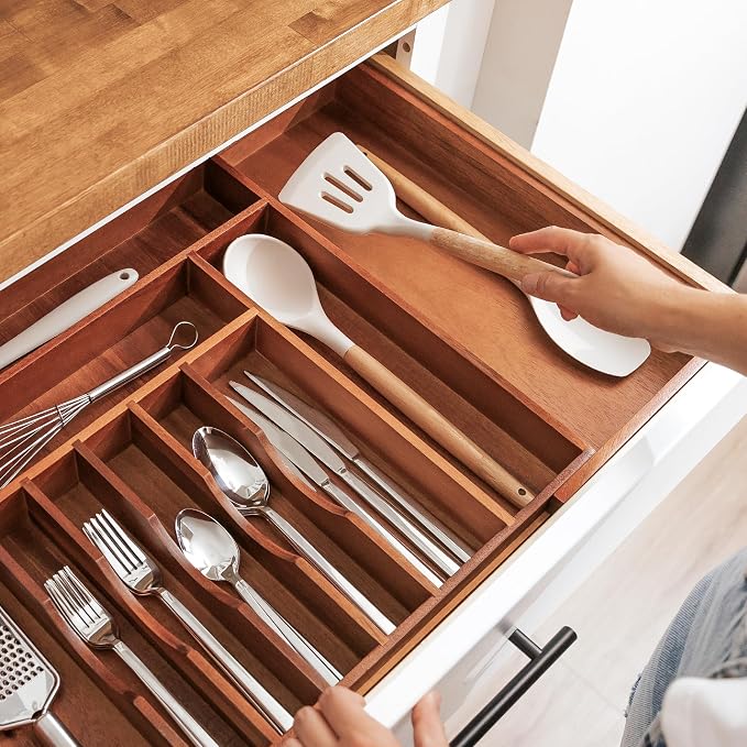 KitchenEdge Silverware & Utensil Drawer Organizer, 18-33 in, Acacia | Cutlery, flatware, food-safe contract grade, kitchen drawer fit