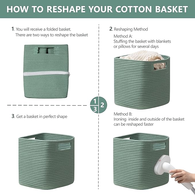 UBBCARE Set of 4 Storage Basket-13 X 13 X 13 In, Cotton Rope Basket for Shelves, Toys, Book, Cube Storage Bins with Handles, Woven Storage Basket for Organizing, Green