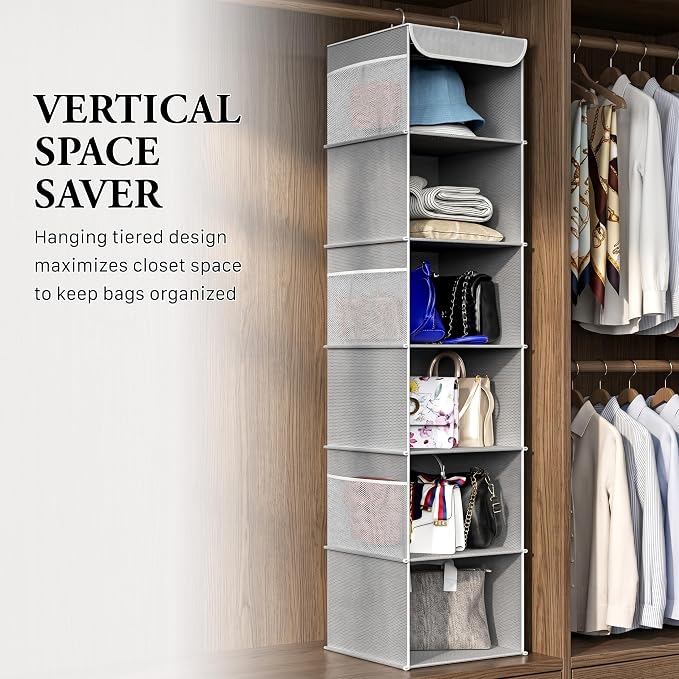 Simple Houseware 6 Shelf Hanging Closet Organizer, Gray | 360° Rotating Dual Hooks, Top Support Metal Frame, 6 Side Mesh Pockets