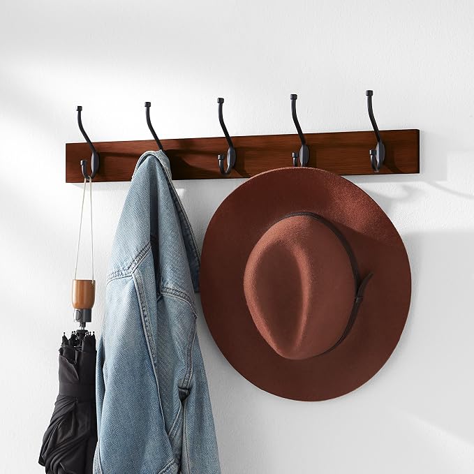 Amazon Basics Rectangular Farmhouse Wall-Mounted Coat Rack for Entryway and Bedroom, Storage Organizer, 5 Double Hooks, Light Walnut | Farmhouse