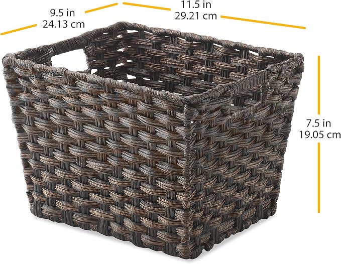 Whitmor Woven Storage Basket for Shelves, Plastic Wicker Organizer Bin with Handles, Metal Structure Decorative Shelf Tote for Closet, Bathroom, Pantry & Office Organization, Brown, Medium-Compact