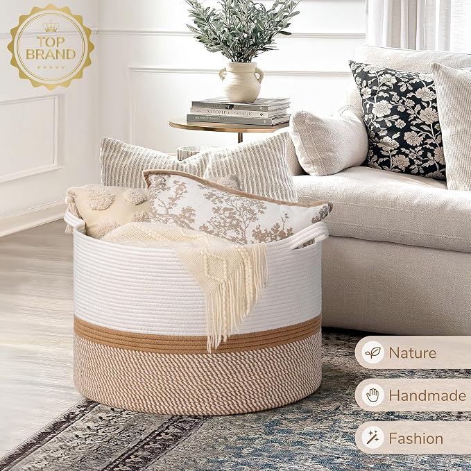 INDRESSME XXXLarge Woven Rope Blanket Basket Living Room White Camel, 90L | 21.7" x 13.8" Storage baskets for toys laundry & pillows. Fits living room, bedroom or nursery décor. Soft-touch with handles