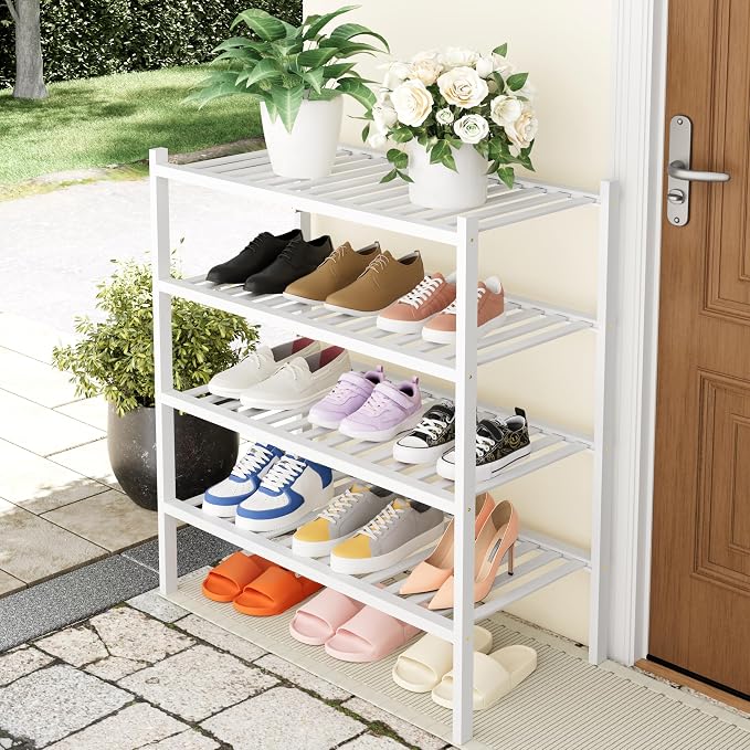 Smiry Bamboo Shoe Rack, 14 Vertical Slats, 4 Tier - 26.8" Wide, White | Stackable Free Standing Wooden Shoe Organizer, Wood Shoe Storage Shelf for Closet, Entryway, Thicher Leg