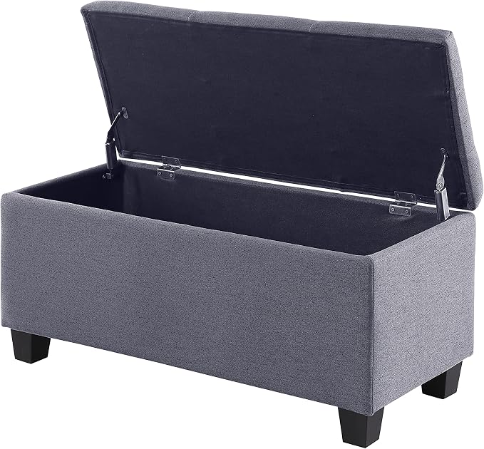 38'' Hinged Storage Ottoman w/Small Foot Stools, Set of 3, Grey | No Tools Assembly, Classical Tufted Cushion Top, Soft Linen Fabric, Large Store Capacity, for Entryway, Window, End of Bed