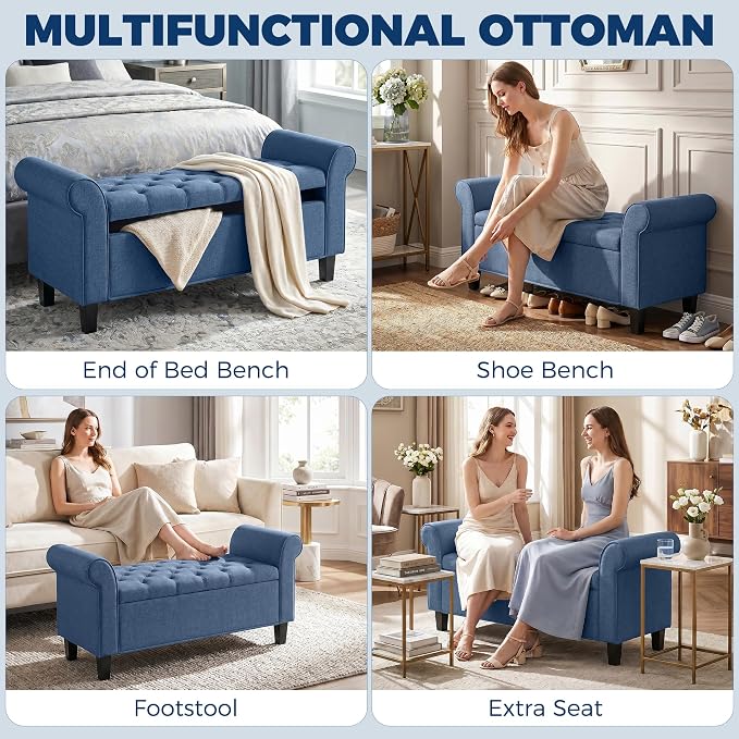 HOMCOM 47" Ottoman wih Storage End of Bed Bench with Rolled Arms Blue | Long Ottoman with Storage Chest, Safety Hinge, Wooden Legs, Upholstered End of Bed Bench, Bedroom Entryway Living Room