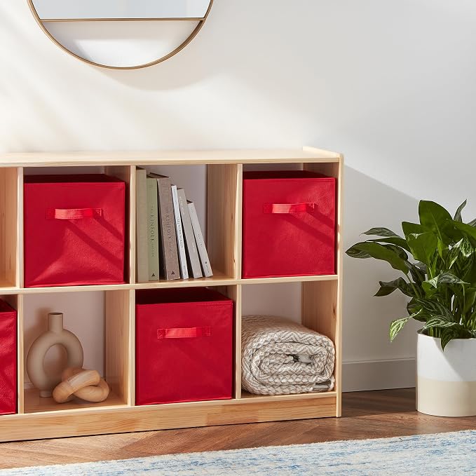Amazon Basics Collapsible Fabric Storage Bins with Handles, Cube Organizer, Home Organization, 10.5"x10.5"x11", Red, 6-Pack