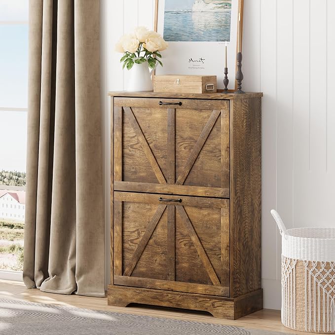 Smart FENDEE Shoe Cabinet, Shoe Storage Cabinet for Entryway with 2 Flip Drawers, Narrow Farmhouse Shoe Organizer Cabinet, Slim Shoe Rack Cabinet, 23.6in Rustic Brown