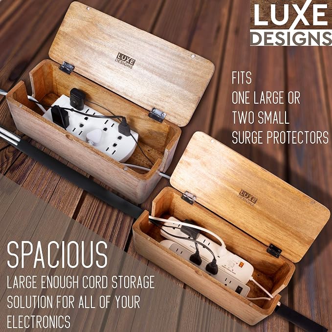 Mango Cable Management Box - Rustic Design (Natural, Large) | Mango Wood, Cable Organizer, Rustic Style, Modern Design, Desktop Storage