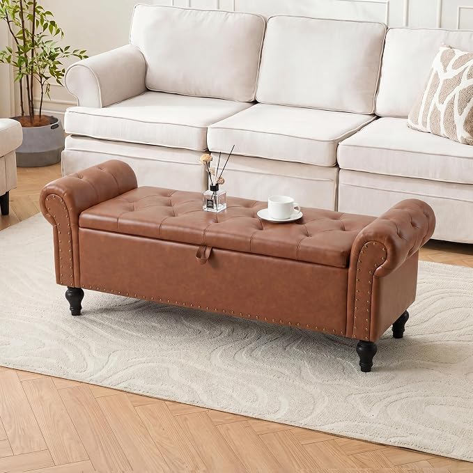 51" Storage Bench for Bedroom, Upholstered Ottoman Bench, Leather Brown | End of Bed Bench for Bedroom, Window Benches for Living Room, Entryway, Ottoman with Large Storage Space, Pet Friendly