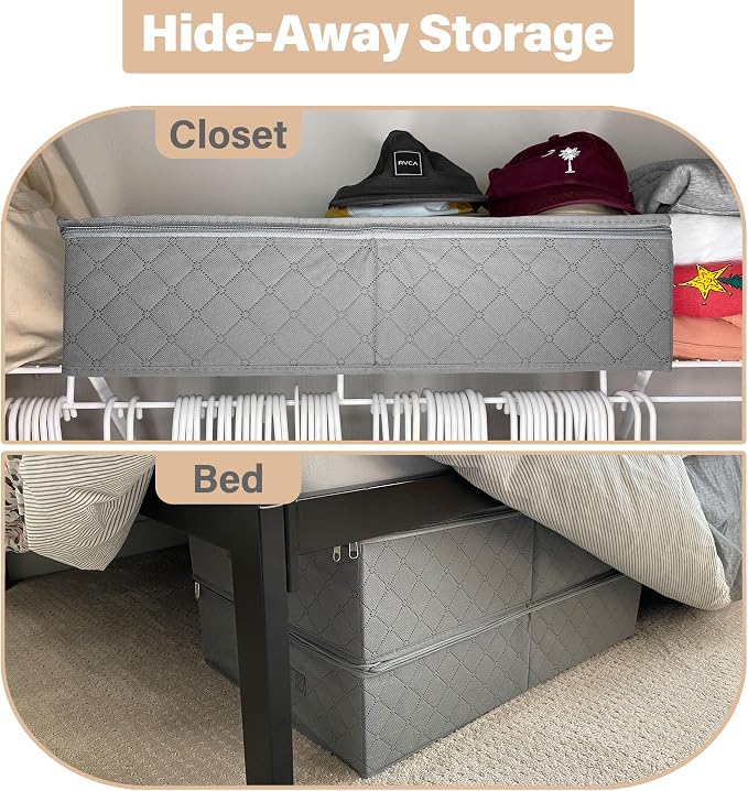LotFancy Under Bed Storage Bags with Clear Window & Handles, 24” x 16” x 6" | Foldable Closet Organizers, Clothes Blankets Container, Space-saving Storage Bins, with Cardboard Support, Pack of 2, Gray