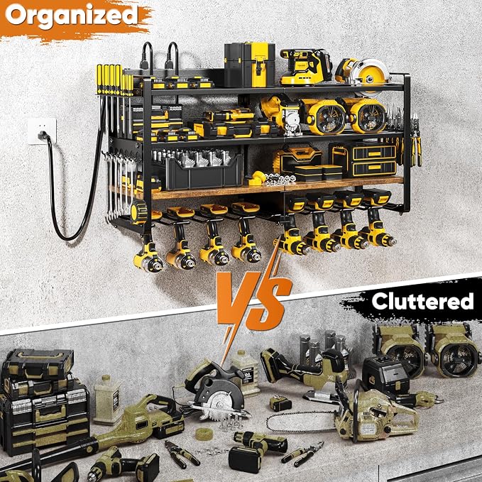 POKIPO Large Power Tool Organizer Wall Mount with 8-Outlet Charging Station, 600lbs Capacity Garage Storage Rack for 8 Cordless Drills Holder, Heavy Duty Metal 4-Layer Battery Utility Rack
