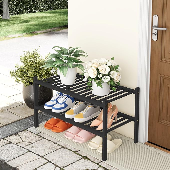 Smiry Bamboo Shoe Rack, 14 Vertical Slats, 2 Tier - 26.8" Wide, Brown | Stackable Free Standing Wooden Shoe Organizer, Wood Shoe Storage Shelf for Closet, Entryway, Thicher Leg