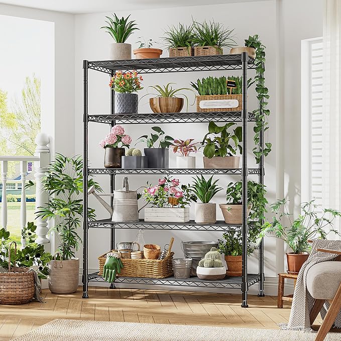 REIBII 5-Tier Storage Shelves 1660LBS Wire Shelving Unit with Wheels | 73''H heavy duty shelves,lock casters or switch to leveling feet, tool-free setup, fits kitchen,pantry,garage,black