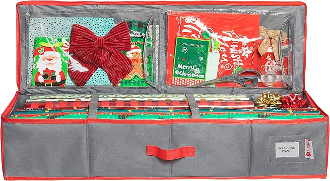 HOLDN’ STORAGE Premium Wrapping Paper Storage Container, Grey/Red Trim | Durable 600D Tear-Proof, Fits 27 Rolls Gift Wrap, Extra Pockets for Ribbons & Bows, Underbed Storage