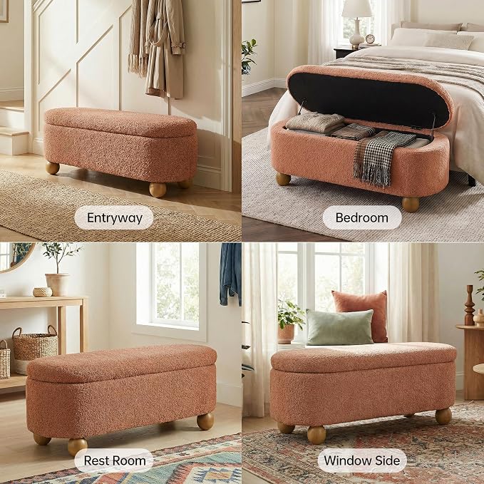 VKNOW 44.8" Storage Ottoman Bench End of Bed Bench with Hinge, Orange | Cute Spherical Solid Wood Stool Legs, Comfortable Fabric, No Assembly, Bedroom Living Room Entryway Dressing Areas
