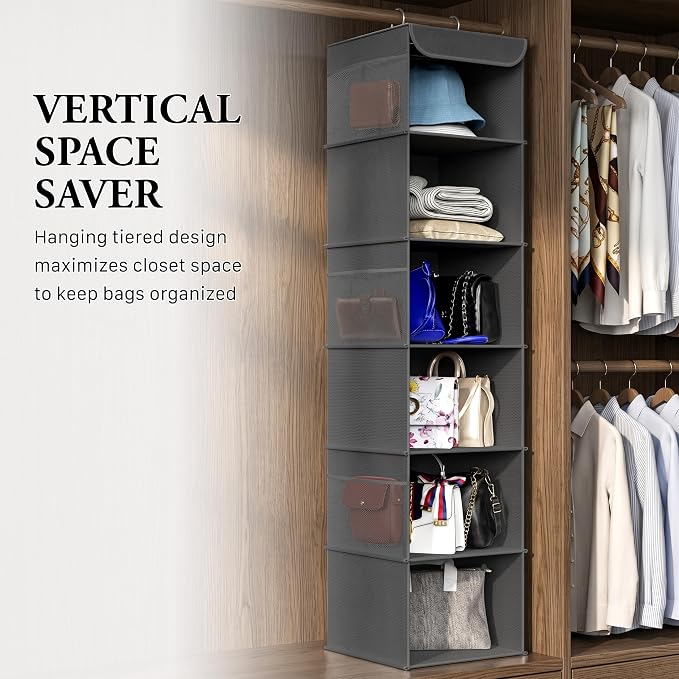 Simple Houseware 6 Shelf Hanging Closet Organizer, Dark Gray | 360° Rotating Dual Hooks, Top Support Metal Frame, 6 Side Mesh Pockets