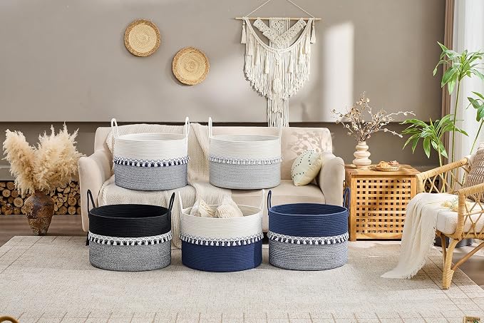 KAKAMAY Large Blanket Basket with Handles, Storage Basket for Living Room | Extra Large Capacity | Natural Cotton Rope | Blanket Storage | Woven Storage Basket | Stuffed Animal Storage | Laundry Basket