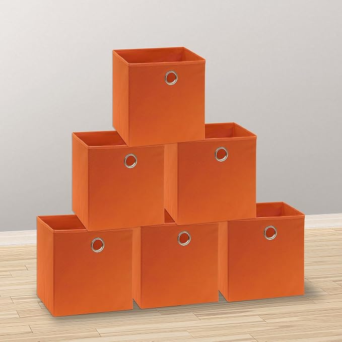 Simple Houseware 11-Inch Foldable Cube Storage Bins with Handles, Orange | 6-Pack Lightweight & Durable Structure Fabric Cubes Organizer for Closet or Shelves