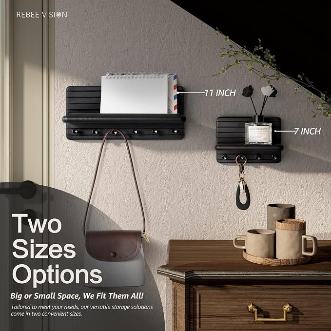 Rebee Vision Key Holder Wall Mount with 6 Key Hooks for Entryway, Black | Pine Wood, Key Holder for Wall, 6 Hooks, Floating Shelf, Plant Display, Elegant Home Organizer, Space-Saving Design