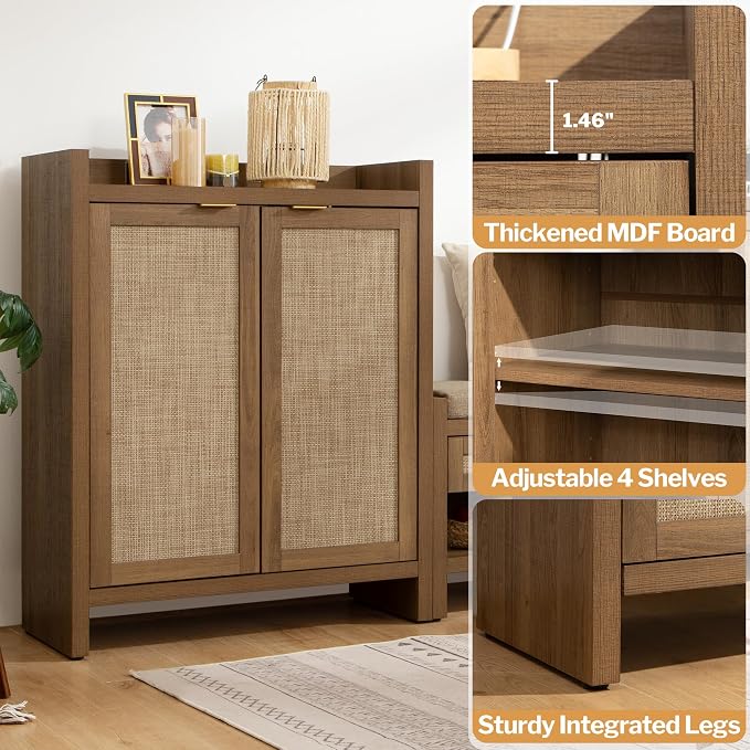 SICOTAS Shoe Cabinet, 24 Pair Shoe Storage Organizer Cabinet, Rattan Doors | 41" Tall Rattan Shoe Cabinet with Doors and Shelves, 6-Tier Farmhouse Boho Wooden Storage Cabinet for Entryway Hallway Closet