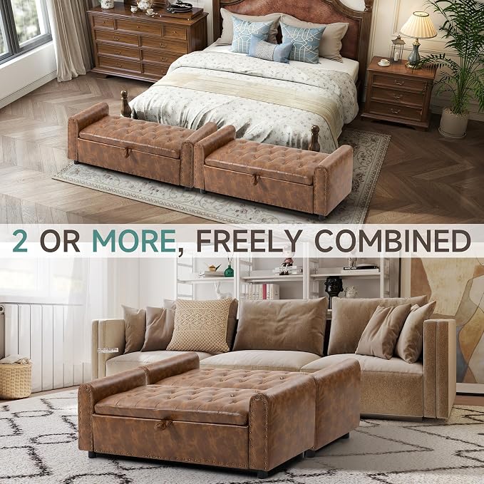 48" Ottoman with Storage, Tufted Storage Ottoman Bench, Convenient Living Room Fabrics Bench Seat, Entryway Shoe Benches with Inner Zipper & Arm, Upholstered Window Seat Ottomans with Rivets, Brown