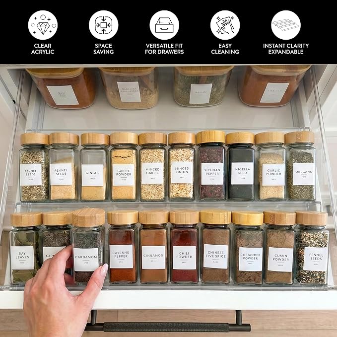 Acrylic Spice Drawer Organizer 4 PK, Expandable 13"-26" Acrylic Spice Rack for Drawer Seasoning Organizer Tray, Shelf Stackable 4-Tier Herb Jar Rack Insert for Kitchen Cabinet, Herb Jars Not Included