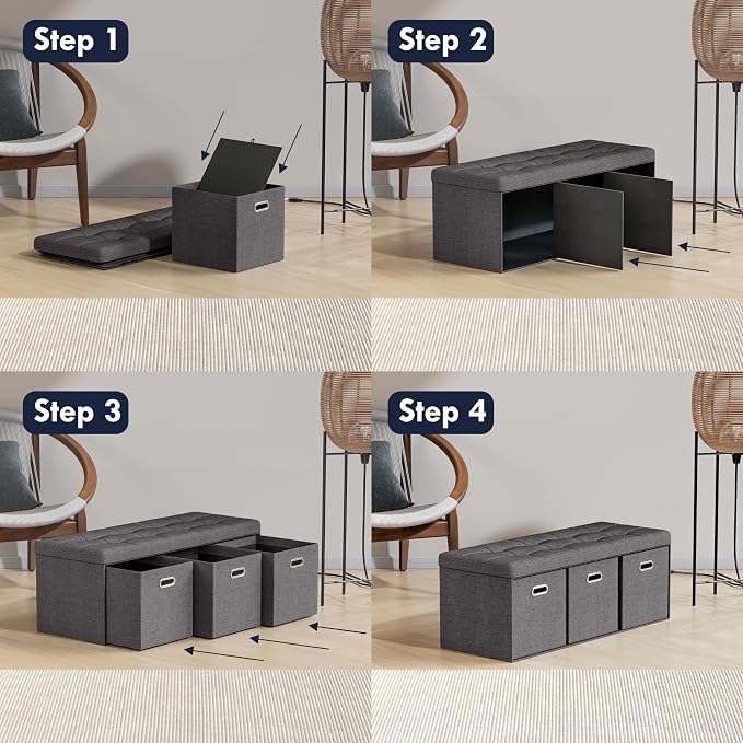 Ornavo Home 40 Inch Storage Ottoman with 3 Drawers, Tufted Linen, Dark Gray | Foldable Large Bench Design; Foot Rest Stool Seat; Ideal for Living Room, Bedroom or Entryway