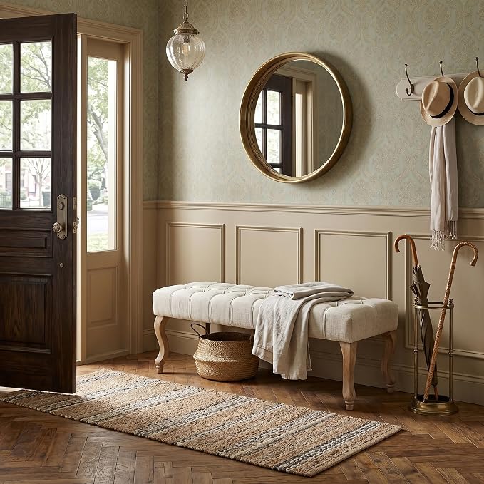 40" Accent Bench, Upholstered Tufted Ottoman Bench French Vintage Entryway Bench Linen Fabric Padded Bench with Distressed Wood Legs for Dining Room, Foyer, Living Room, Bedroom, Beige