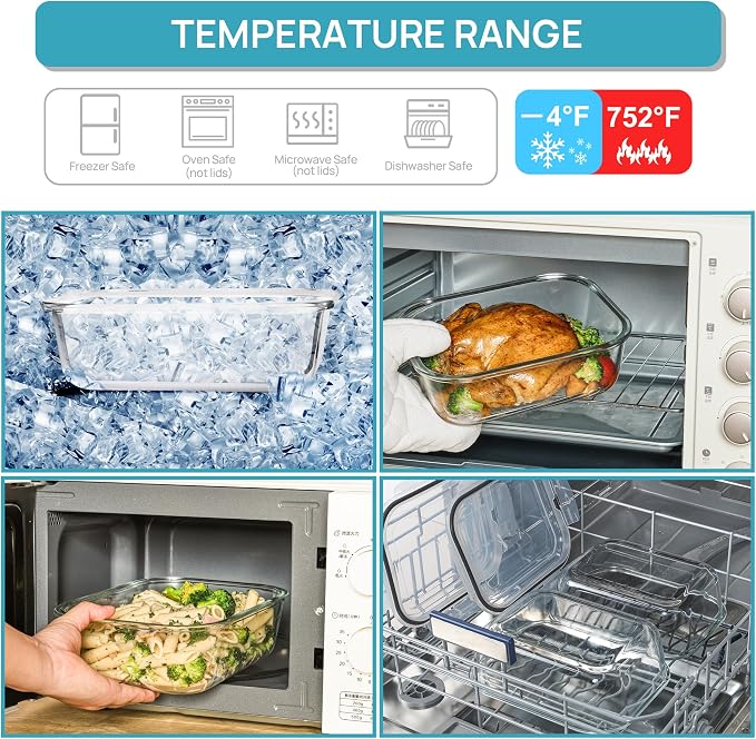 Vtopmart 2Pack 2260ml/76.4oz Extra Large Glass Storage Containers, Grey | Meal Prep Food Container Set with Snap Airtight Lids, Microwave, Oven, Freezer, Dishwasher Safe, Baking, BPA Free