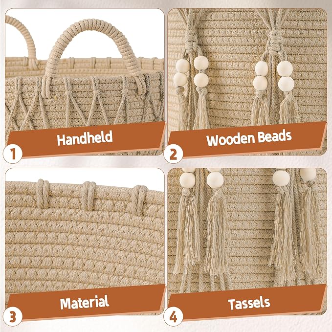Blanket Basket for Living Room Decor Storage Basket for Toy Organizer Boho Decor Baskets for Modern Farmhouse Decor Small Laundry Basket for Bedroom and Laundry Room Organization,Natural