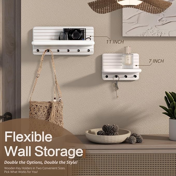 Rebee Vision Key Holder Wall Mount with 4 Hooks Shelf for Entryway, White | 7-Inch, Stylish Key Holder for Wall, Mini Floating Shelf, Compact Storage, Plant Display, Bedroom Decor, Apartment Essential