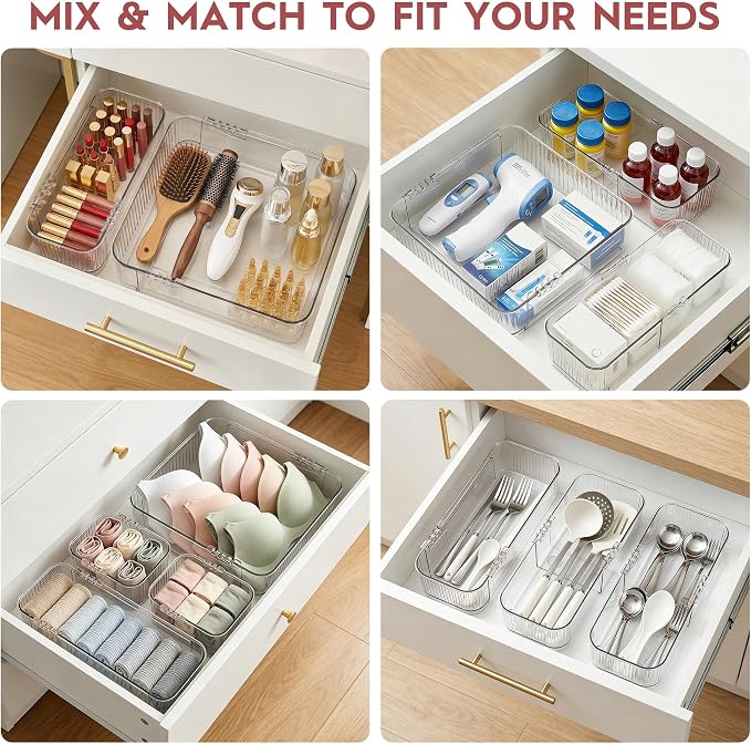 Expandable Drawer Organizer Set, Clear Adjustable Drawer Dividers, 4-Piece Storage Trays for Kitchen, Bathroom, Makeup, Office, Durable PET Material