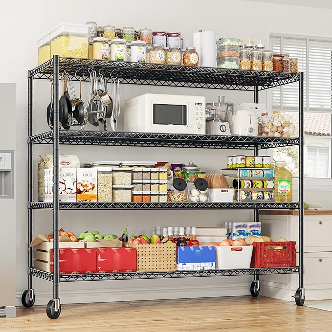 REIBII 55.52''W Storage Shelves 2480LBS Wire Shelving Unit with Wheels Heavy Duty Metal Shelves for Storage Adjustable Garage Storage Rack Pantry Shelf,75.62" H X 55.52''W X 24.02" D,3PCS
