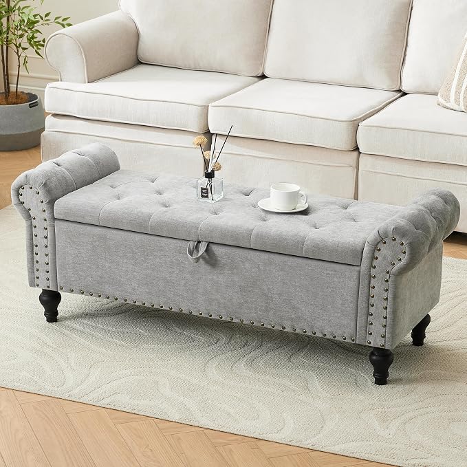 51" Storage Bench for Bedroom, Upholstered Ottoman Bench Chenille LightGray | End of Bed Bench for Bedroom, Window Benches for Living Room, Entryway, Ottoman with Large Storage Space, Pet Friendly
