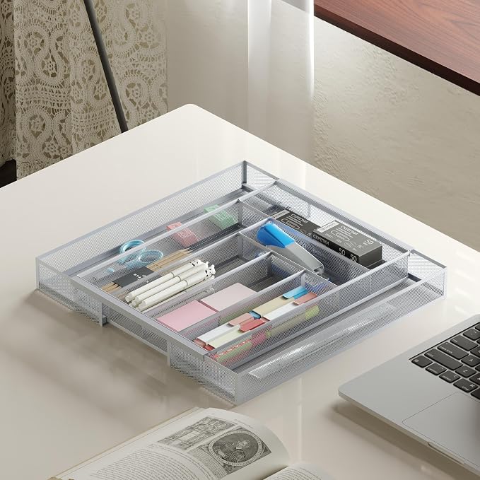 Sedegn Silverware Organizer Metal Mesh, Large Drawer Organizer, Utensil Cutlery Tray for kitchen drawers, Expandable Flatware Organizer with 8 Compartment Silver 11.6"~20" x 17.3"