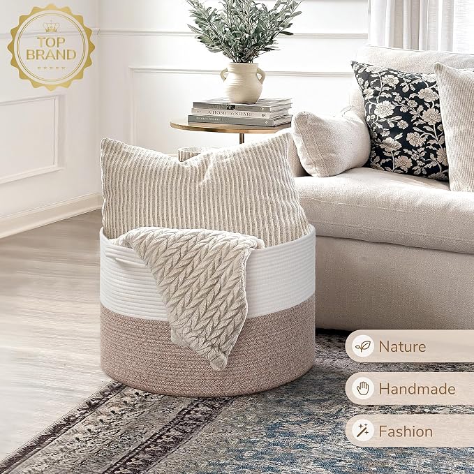 INDRESSME Large Woven Rope Blanket Basket Living Room Brown, 65L | 19.7" x 12.6" Storage baskets for laundry, toys & pillows. For living room, bedroom or nursery decor. soft-touch, gift basket