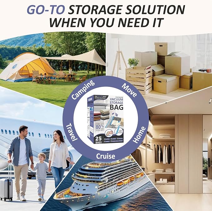 Cozy Essential Vacuum Storage Bags, 80% Compression Vacuum Seal Space Saver Plastic Packaging Bags for Clothes, Blankets, Pillow, Bedding, Comforters, Sealer Clothing Storage,25 Combo