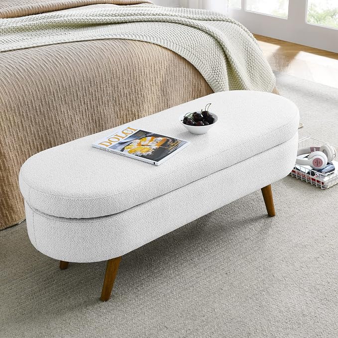 43.5” Storage Ottoman Bench,Upholstered Oval End of Bed Bench for Bedroom | Modern Linen Ottoman with Storage, Entryway Foot Rest with Wooden Legs, Lift-Top Lid with Safety Hinge, Living Room, White