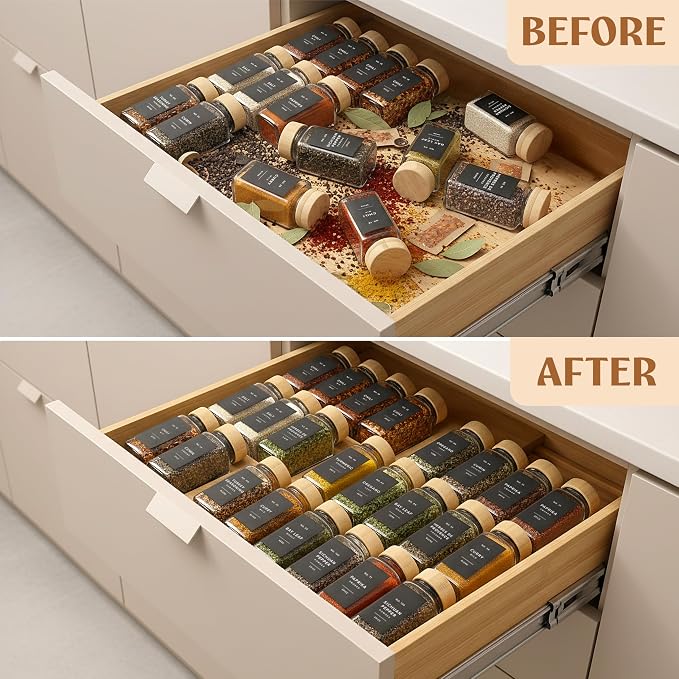 EDELHAUS Bamboo Spice Drawer Organizer - Expandable 4 Tier Spice Rack (Need 3" Deep Drawer) 12" to 24" Wide, Seasoning Organizer, Organization Seasoning Rack insert (Jars Not Included)
