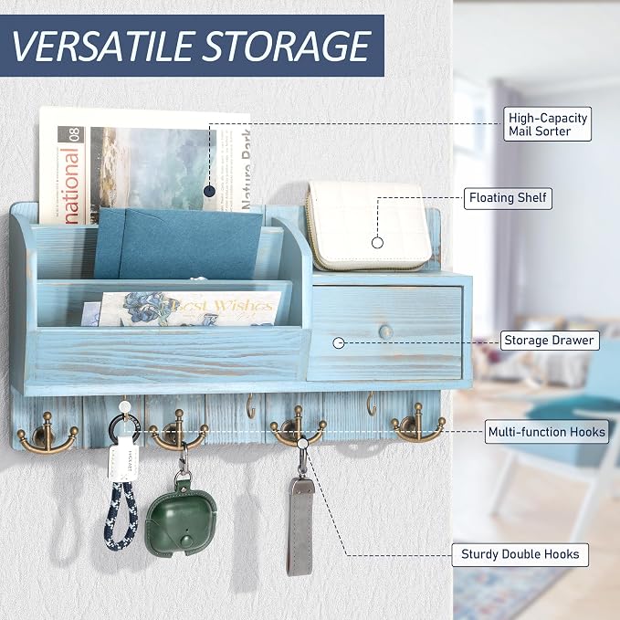 Rebee Vision Key Holder Wall Mount for Room Decor, Distressed Blue | Pine Wood Mail and Key Organizer for Wall, with 7 Hooks, Drawer Organizer, Ideal Storage Solution for Home Improvement