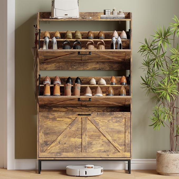 Shoe Cabinet with 3 Flip Drawers, Freestanding Hidden Shoe Storage Organizer for Entryway, Narrow Slim Shoe Rack Cabinet with Open Storage & Hooks for Front Door Entrance, Living Room, Hallway, Brown