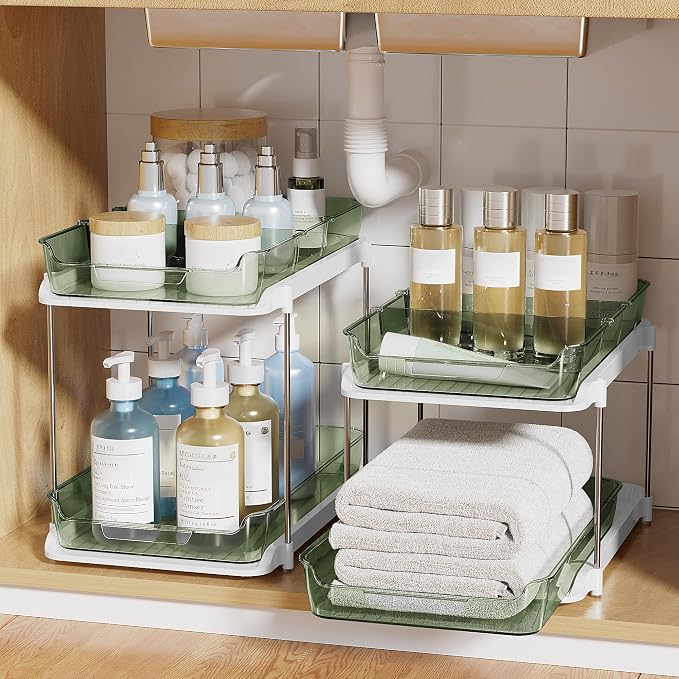 Delamu 2-Tier Multi-Purpose Bathroom Under Sink Organizers and Storage, Stackable Kitchen Pantry Organization, Pull Out Medicine Cabinet Organizer with Movable Dividers, Light Green, 4 Pack