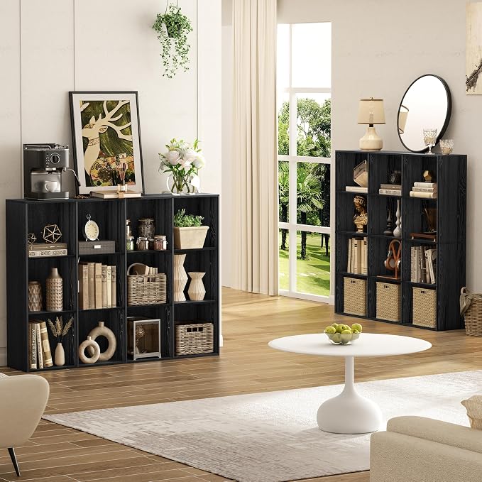 VDNEND Wooden Storage Organizer with Closed Back Panel, 11in Cube Shelf Opening, Bookshelf, Display Shelf,Closet Cabinet for Home and Office (Black, 12-Cube 35.98L*9.45W*47.72H)