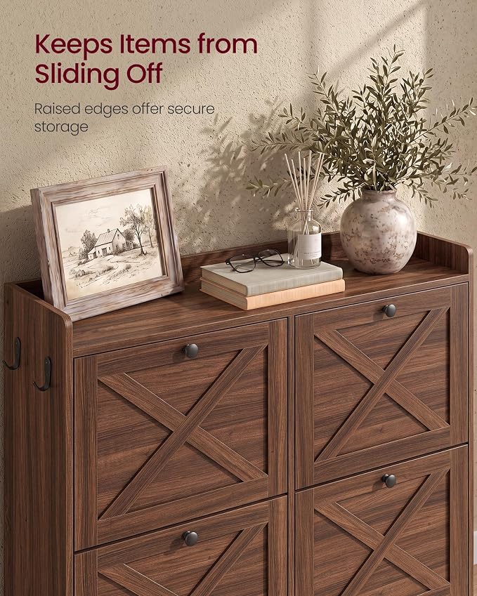 VASAGLE Shoe Storage Cabinet Organizer with 4 Flip Drawers, Freestanding Narrow Shoe Rack Cabinet for Entryway, Farmhouse Style, Fits 14 to 16 Pairs, Chestnut Brown UHSC403KX01