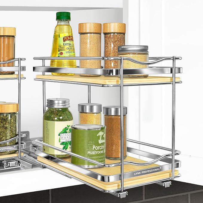 LYNK PROFESSIONAL® Élite™ Pull Out Spice Organization for Cabinets - 6-3/8 inch Wide – Spice Rack for Inside Cabinets – Wood/Chrome - Sliding Spice Rack Organizer for cabinet – Spice Rack - 2 Tier