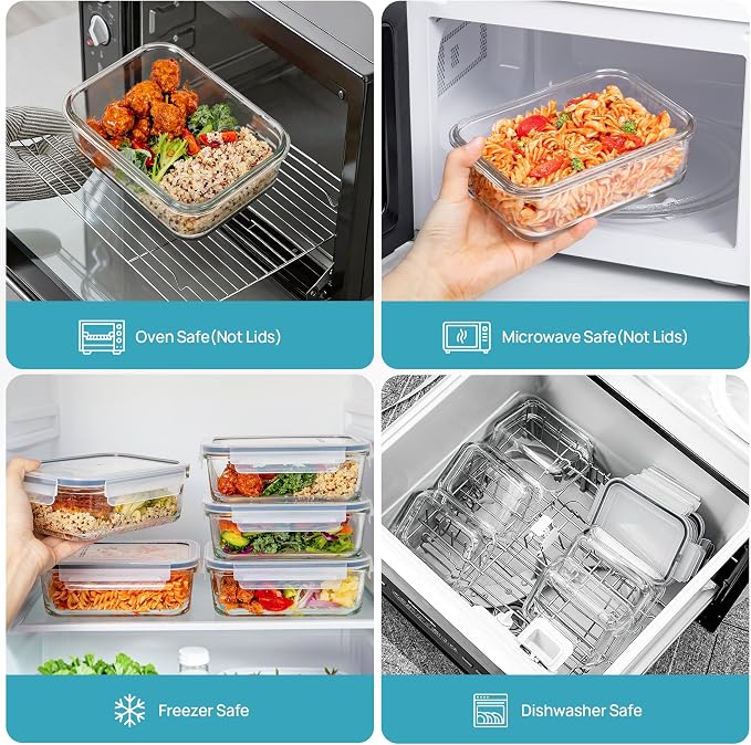 Vtopmart 2Pack 30oz Meal Prep Container Glass with Lids | Glass Food Storage Container Sets, Snap Airtight Lids, For Microwave, Oven, Freezer and Dishwasher, BPA Free