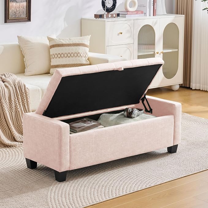 Huatean Home 43" Ottoman with Storage, Pink Storage Ottoman Bench | Upholstered Entryway Bench with Seating for Bedroom, Living Room with Safety Hinge, Holds up to 330 lb