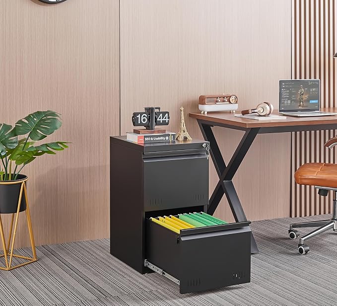 Guizeeopo 2 Drawer File Cabinet with Lock, Vertical File Cabinets for Home Office, Printer Stand, Heavy Duty Steel Office Storage Cabinet for Letter/Legal/A4, Assembly Required(Black)
